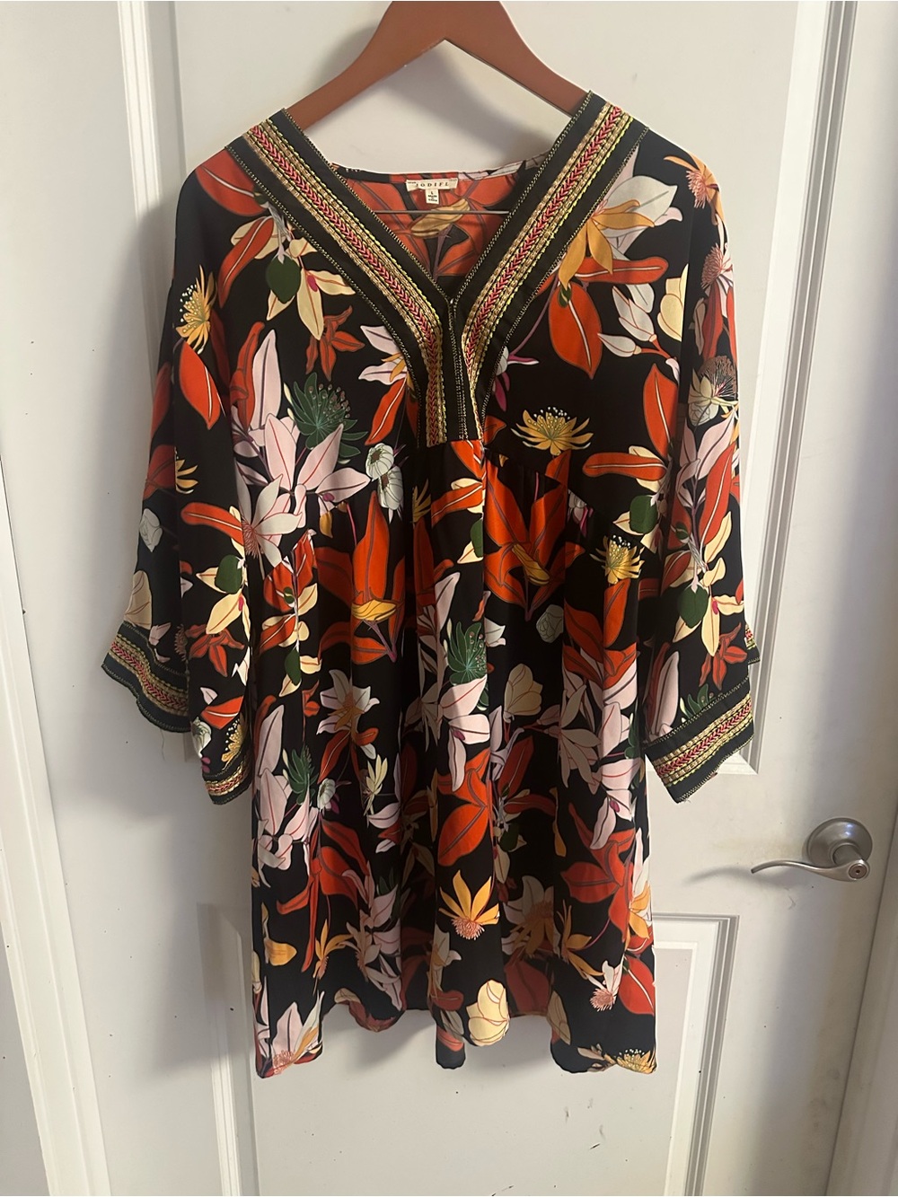 JODIFL Black Floral V-Neck Tunic with Orange, Pink & Green Accents